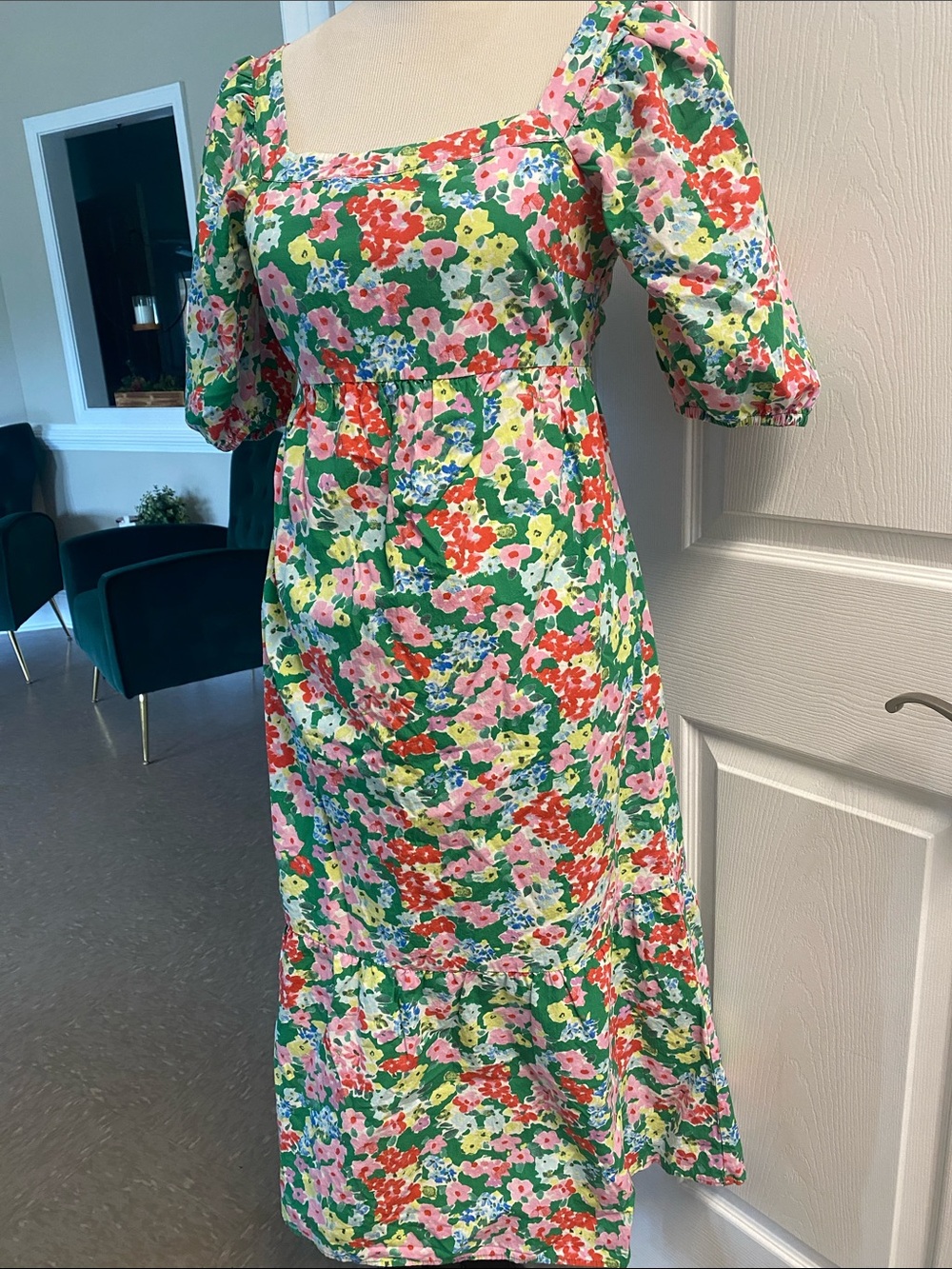 Square-Neck Floral Maxi Dress in Green Multi